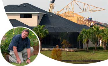Image of house roof construction and man talking